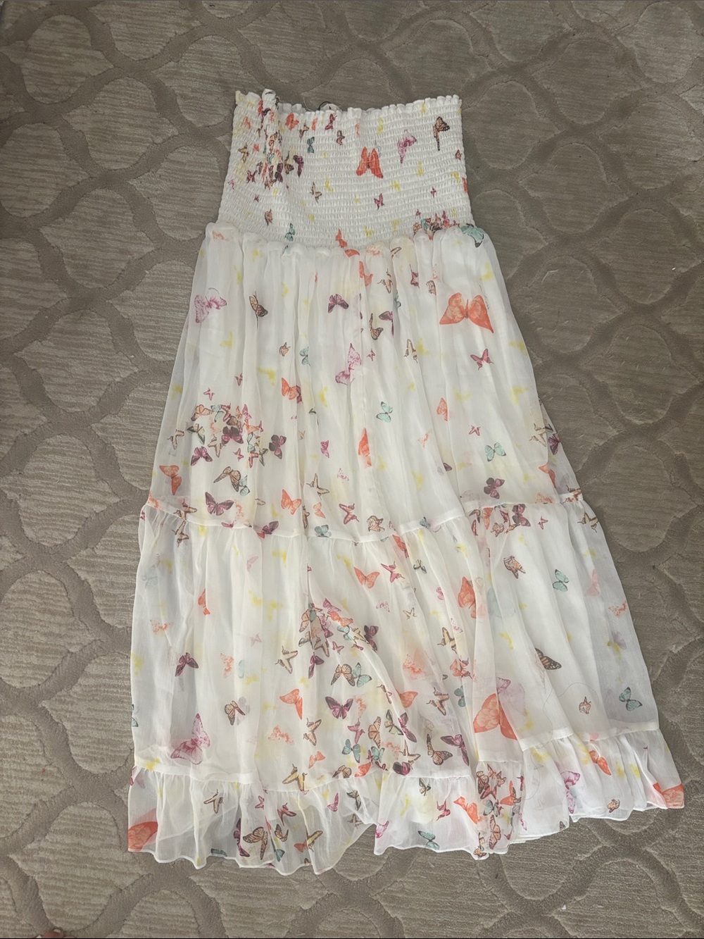 Girls White Butterfly Print Strapless Dress